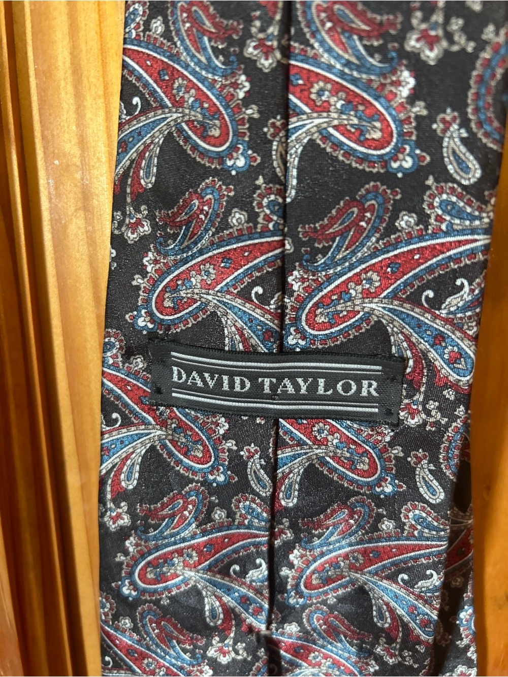 David Taylor Black Paisley Silk Tie with Red & Blue Accents
